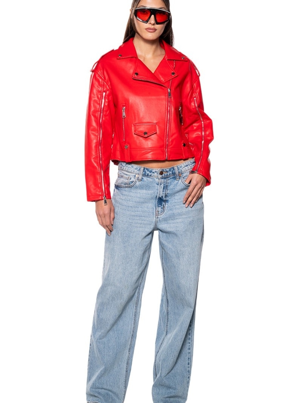 AKIRA Red Cropped Leather Moto Jacket